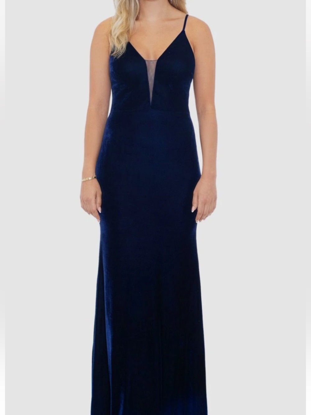 B&A Betsy and Adam Illusion Inset Navy Velvet Spaghetti‎ Strap Evening Gown  12